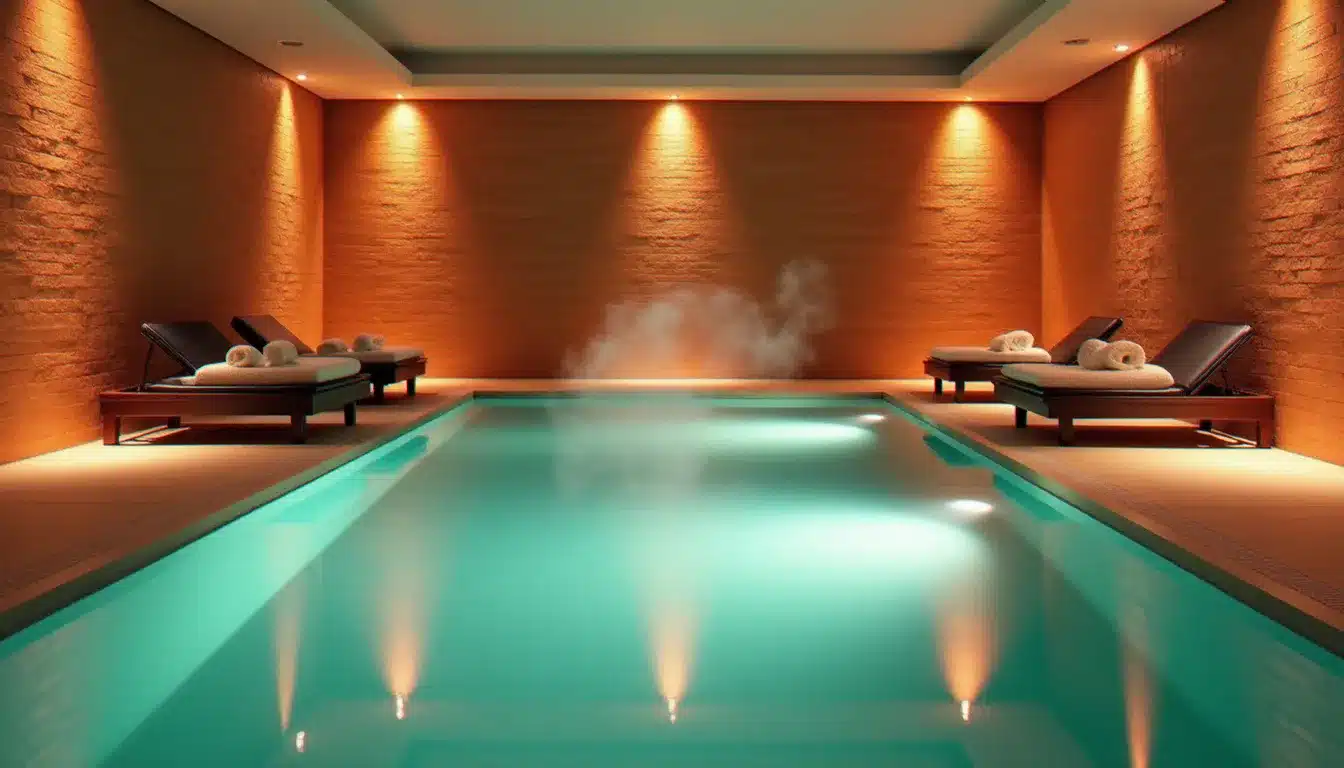 Piscine intérieure chauffée d'un toulouse spa hotel de luxe avec murs en briques roses caractéristiques et éclairage tamisé