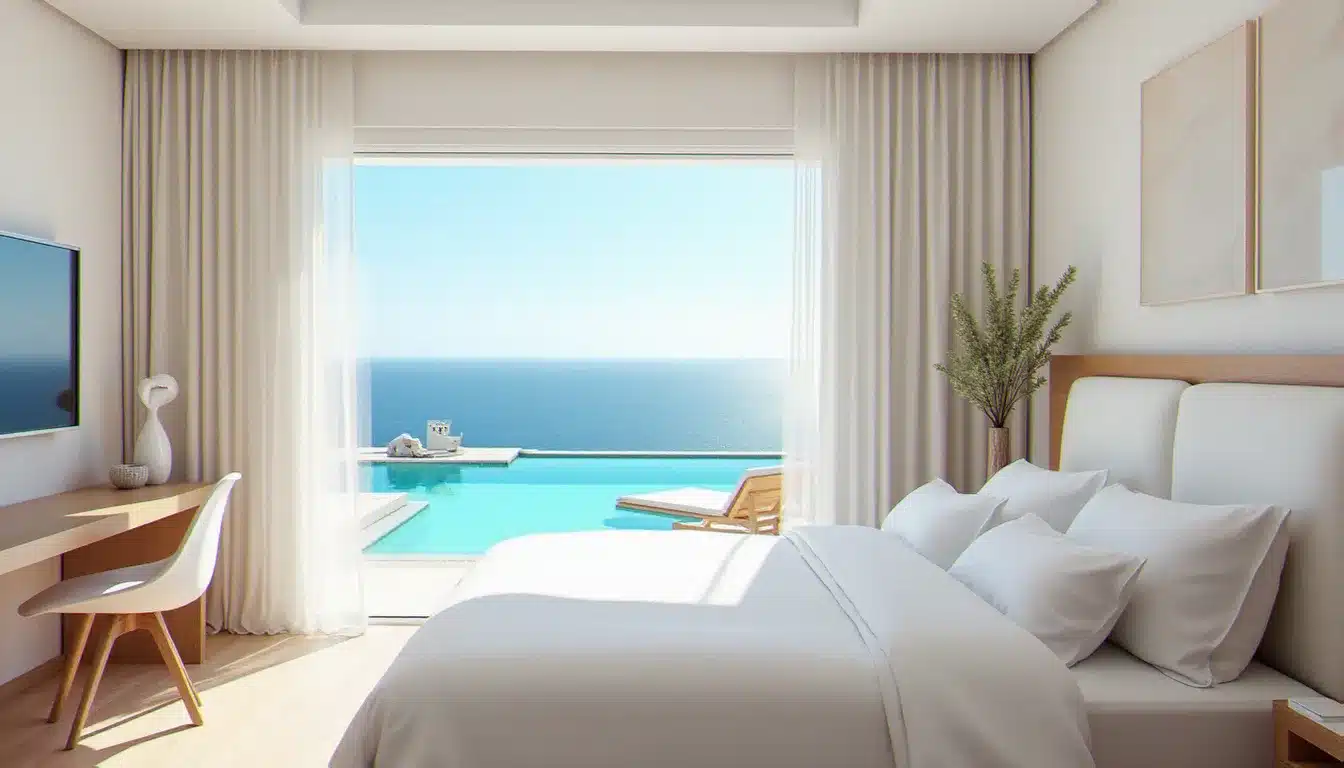 Chambre rénovée côté mer de l'Hôtel Argana Agadir avec vue sur la piscine et l'Atlantique, literie blanche et décoration marocaine contemporaine