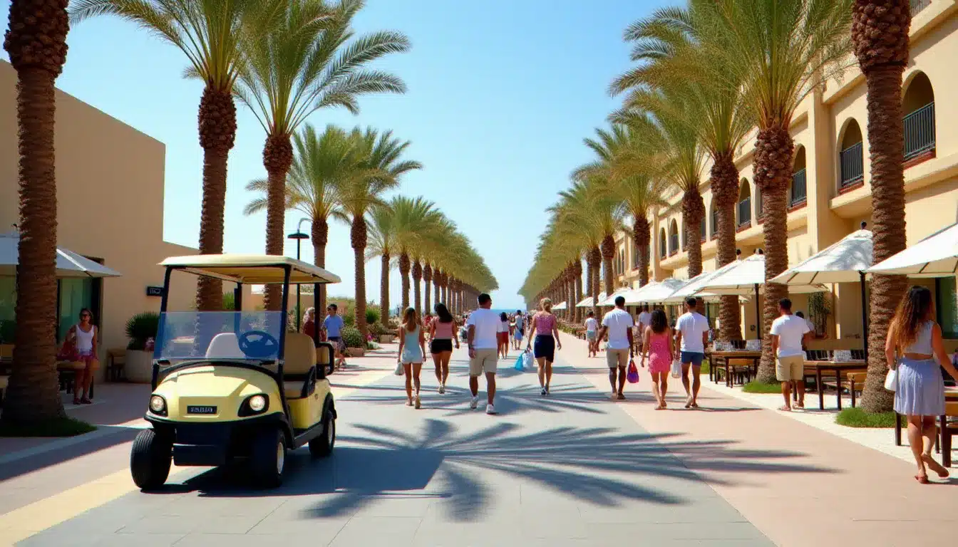Navette électrique gratuite de l'Hôtel Argana Agadir attendant des clients pour rejoindre la plage, palmiers et soleil de midi sur la Corniche