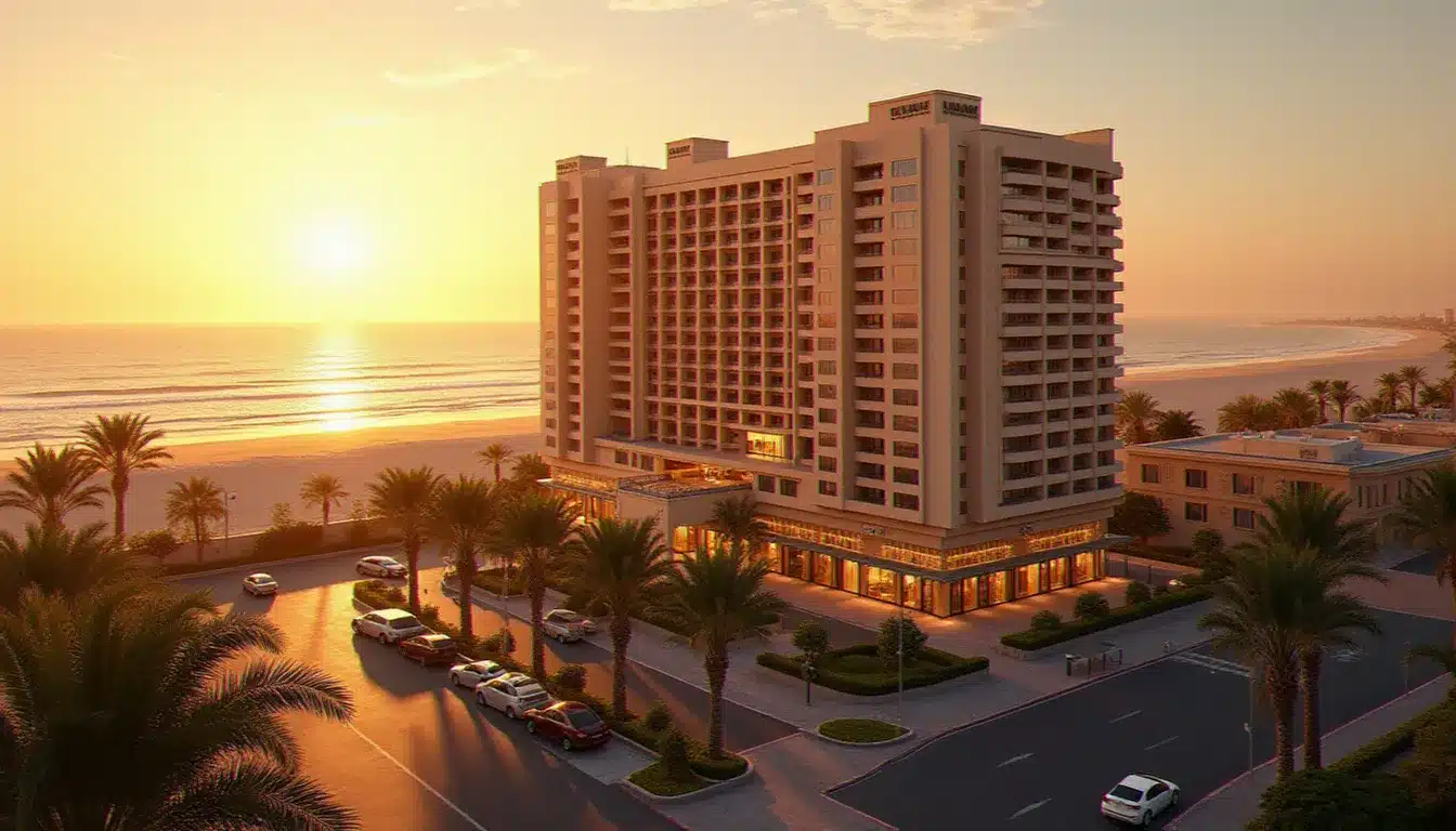 Façade de l'Hôtel Argana Agadir en bord de mer au coucher du soleil, vue sur la Corniche et l'Atlantique, illustration des avis hotel argana agadir