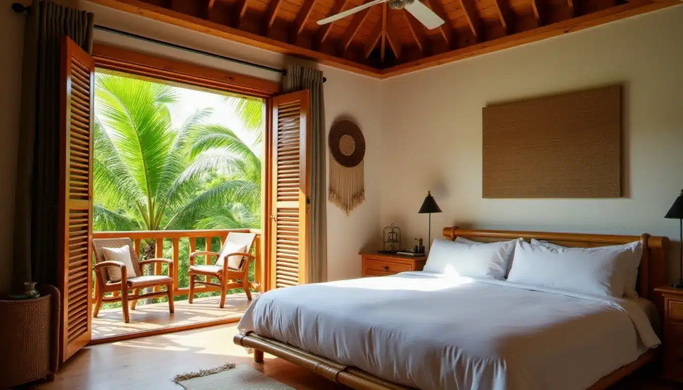 Intérieur d'un bungalow en bois de l'hôtel Bambou Martinique avec lit en lin blanc, mobilier en bambou et vue sur le jardin tropical