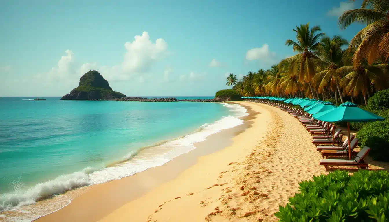 Plage du Diamant en Martinique avec transats en bois, parasols, cocotiers et le rocher volcanique caractéristique visible au large depuis l'hôtel Bambou