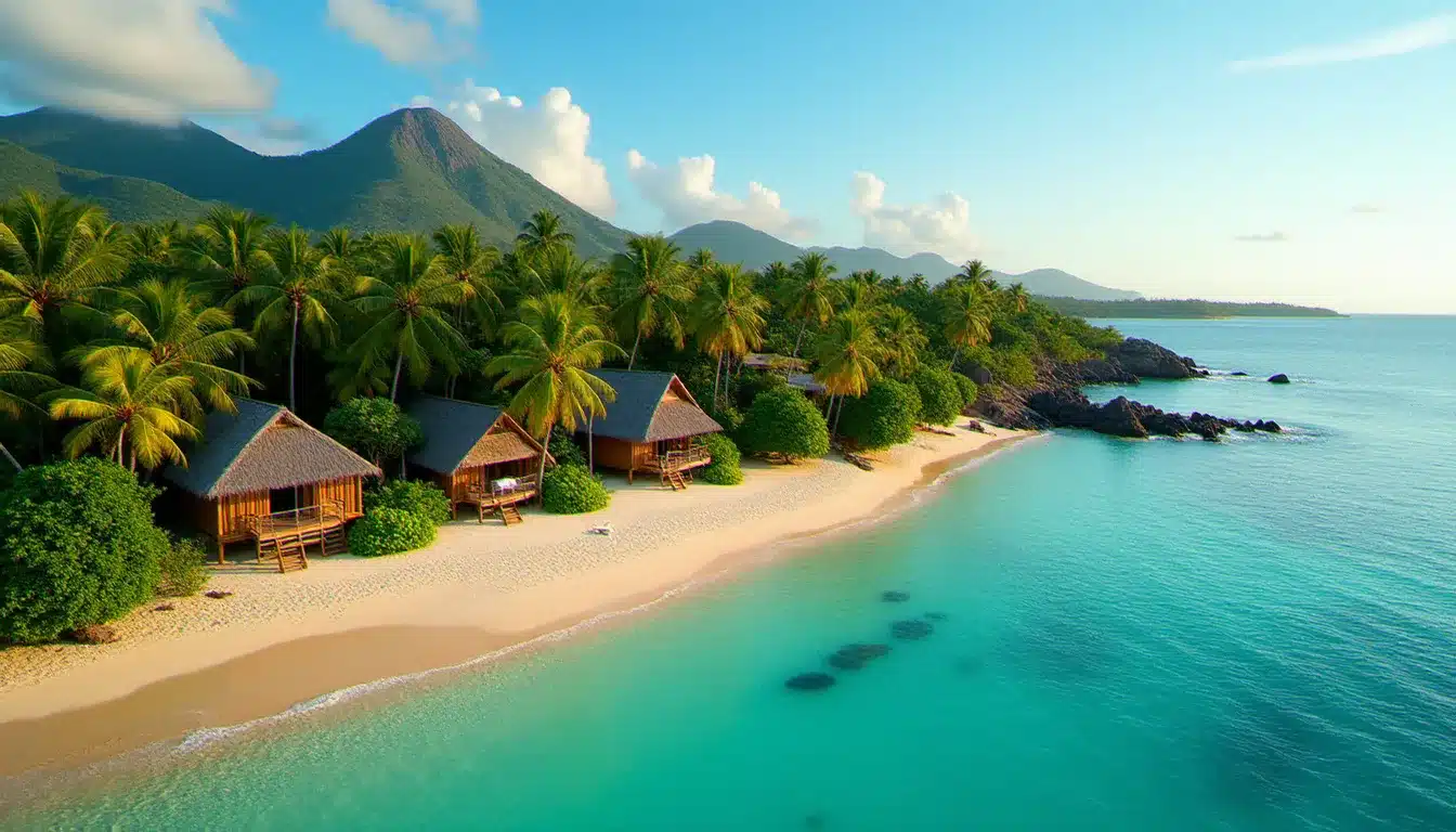 Vue aérienne de l'hôtel Bambou en Martinique avec ses bungalows tropicaux en bord de mer face à la plage du Diamant et son rocher volcanique emblématique