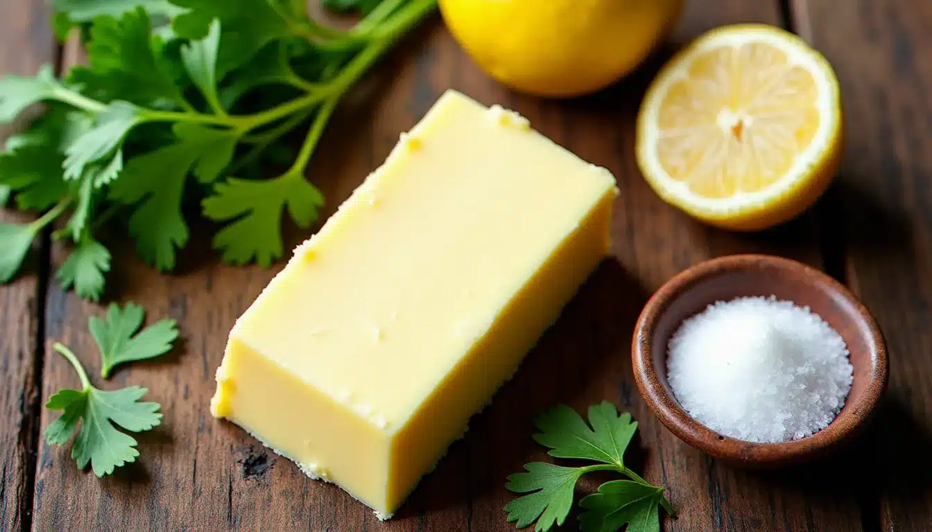 Ingrédients pour la recette du beurre d'hôtel disposés sur une planche en bois : beurre AOP, persil plat frais, citron et fleur de sel