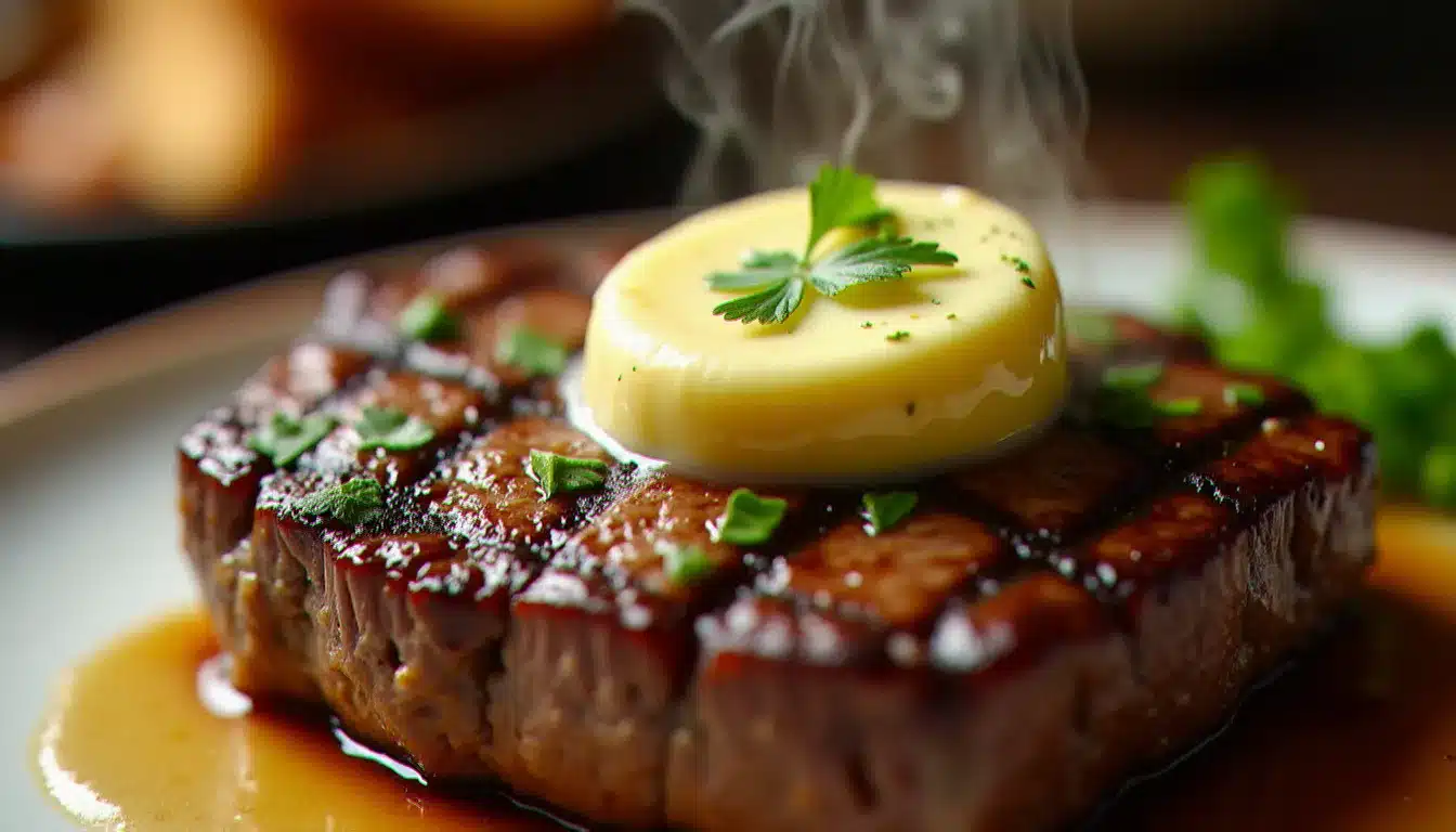 Rondelle de beurre d'hôtel au persil fondant sur une entrecôte grillée, recette classique de beurre maître d'hôtel