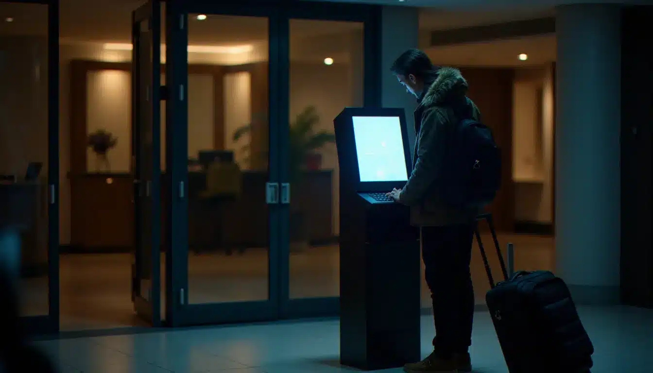 Voyageur utilisant une borne de self check-in dans un hôtel la nuit, solution adaptée à la clientèle passage de dernière minute