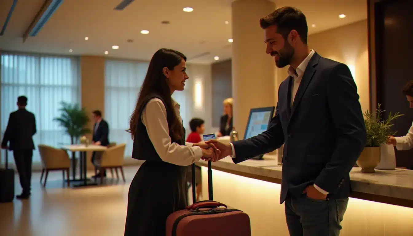 Réceptionniste d'hôtel remettant une carte-clé à un client de passage avec valise, illustrant la clientèle passage général hôtel