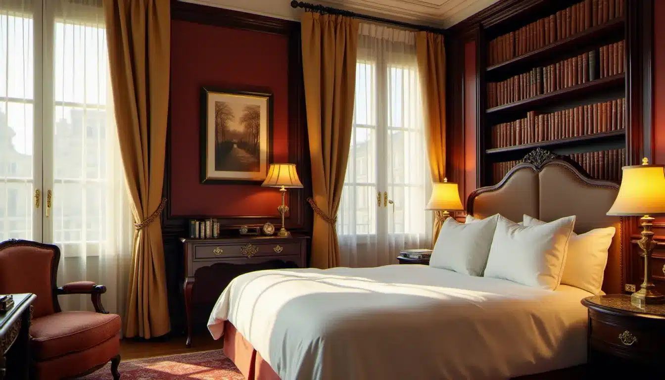 Chambre d'hôtel parisien de style littéraire avec décoration chaleureuse et bureau en bois, représentant le confort d'un établissement type hôtel George Sand Paris