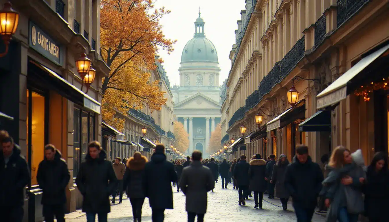Quartier de l'Opéra Garnier à Paris avec passants et immeubles haussmanniens, illustrant la localisation idéale de l'hôtel George Sand dans le 9e arrondissement