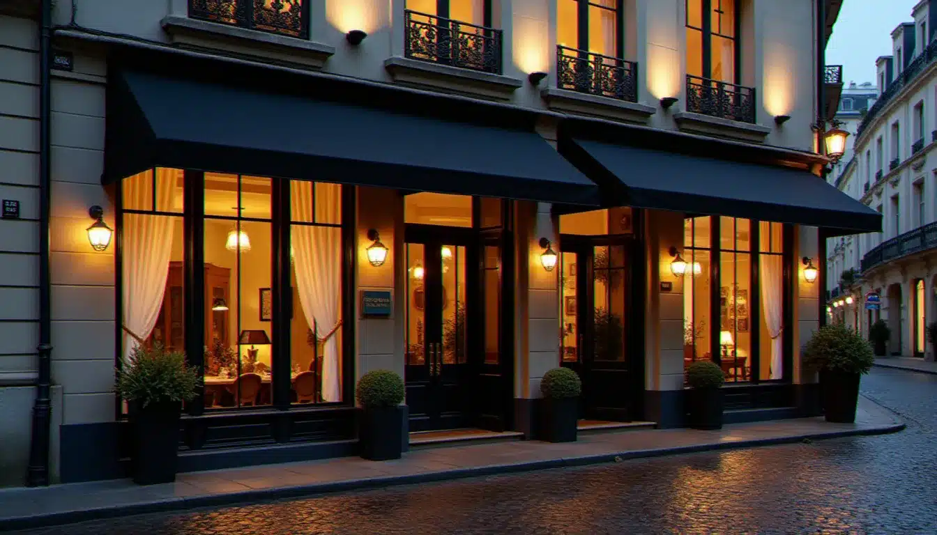 Façade d'un hôtel parisien de charme au crépuscule, évoquant l'atmosphère des commentaires sur l'hôtel George Sand Paris