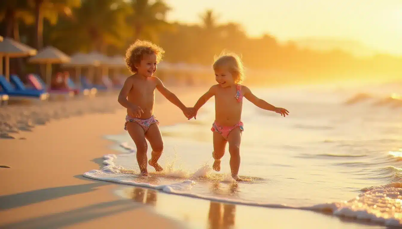 Famille française profitant de la plage tranquille de Cofresi devant l'Hotel Marien Puerto Plata au coucher du soleil
