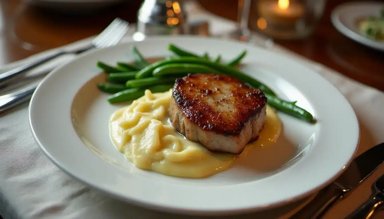 Assiette de côtelette de porc hôtel avec gratin dauphinois et haricots verts, dressage de restaurant gastronomique sur nappe blanche