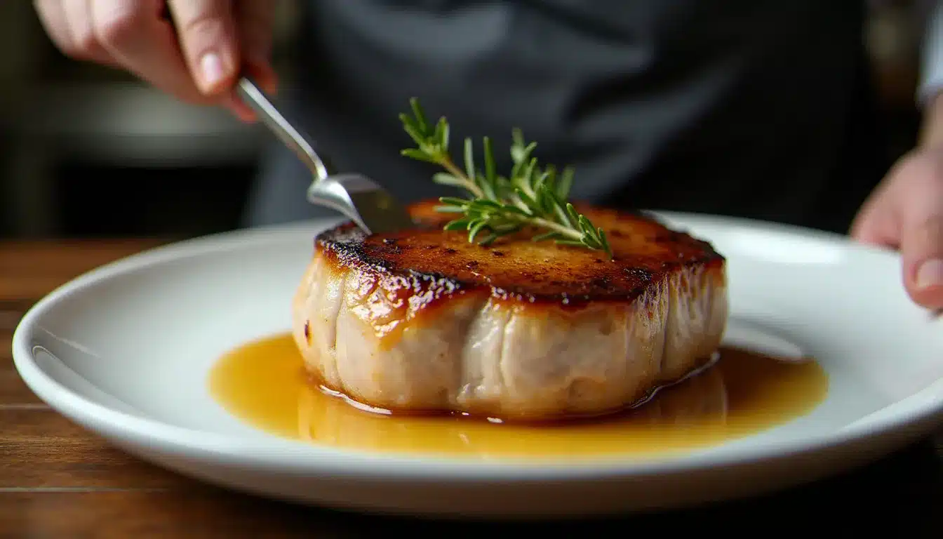 Côtelette de porc façon hôtel servie dans une assiette blanche avec sauce réduite et thym frais, cuisson dorée parfaite