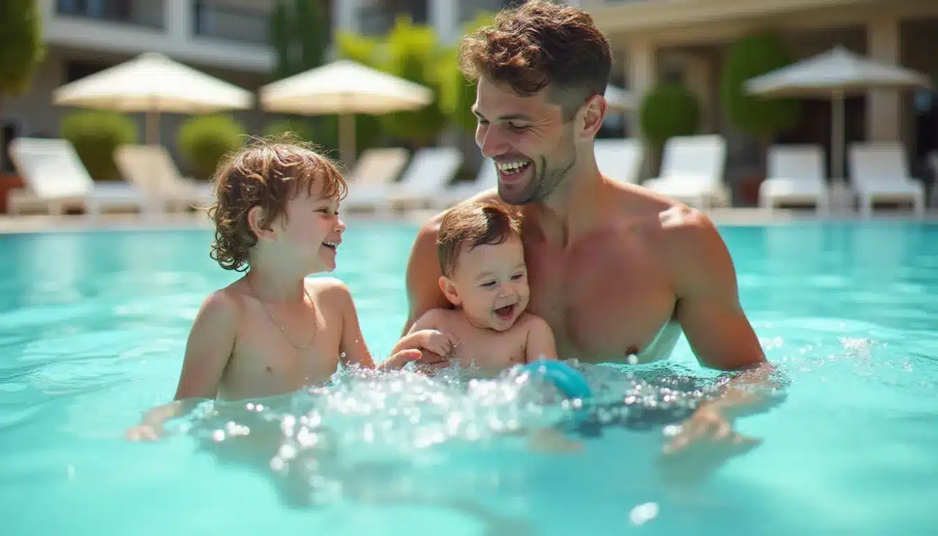 Famille avec deux enfants profitant des toboggans et bassins d'un hôtel avec parc aquatique familial sous le soleil