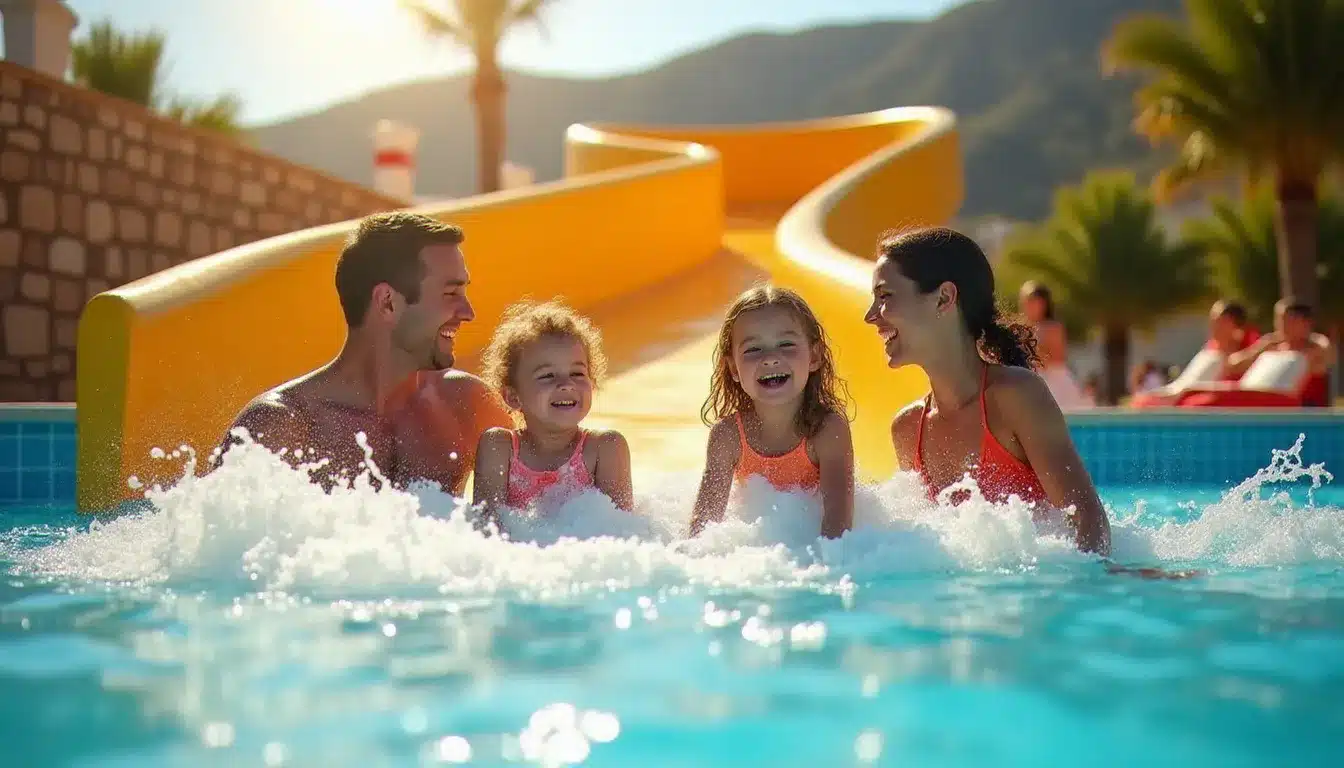 Famille avec deux enfants profitant des toboggans d'un complexe hôtelier avec parc aquatique sur la côte espagnole en journée ensoleillée