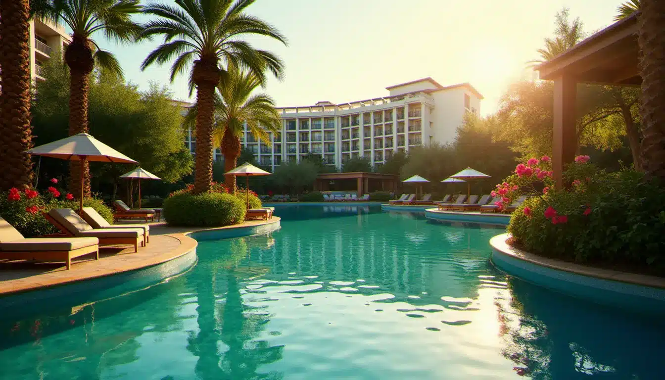Rivière artificielle calme d'un hôtel avec parc aquatique en Espagne traversant des jardins tropicaux, photographiée tôt le matin à l'heure dorée