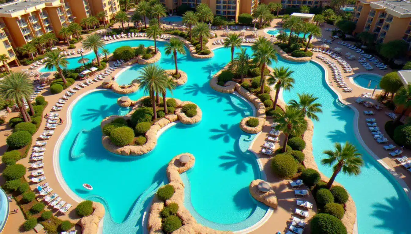 Vue aérienne d'un hôtel avec parc aquatique en Espagne, avec toboggans multicolores, piscine à vagues et rivière artificielle sous un ciel méditerranéen bleu