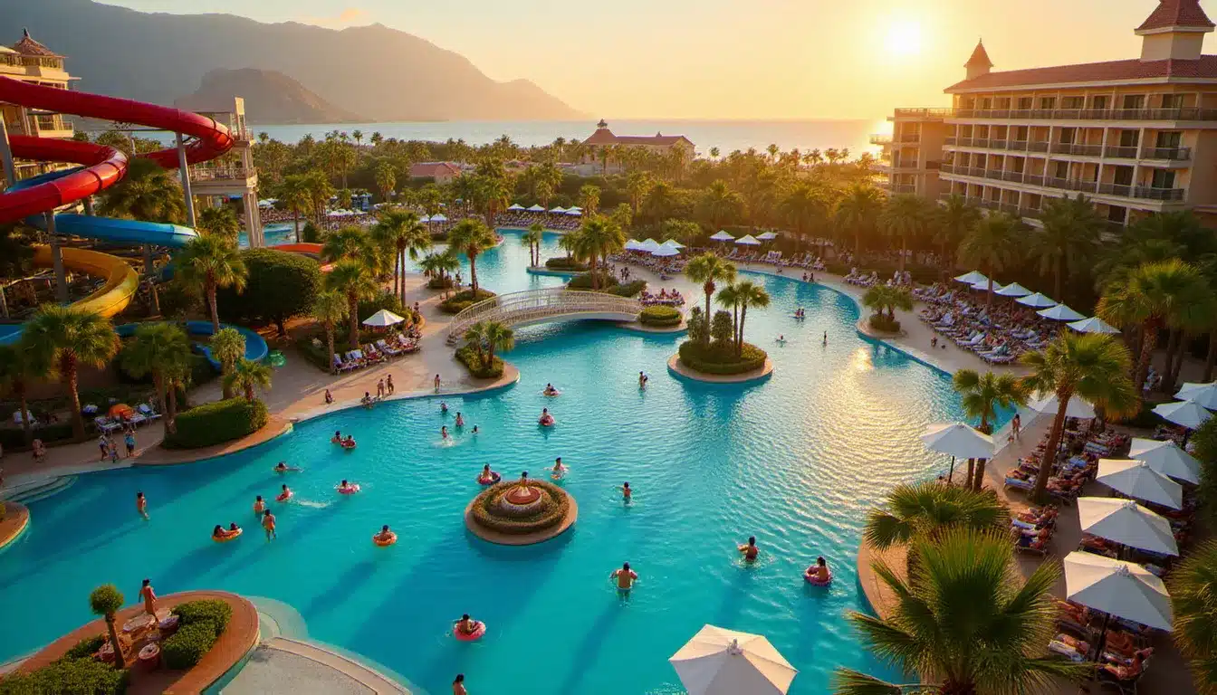 Vue panoramique d'un hôtel avec parc aquatique en plein air, avec toboggans colorés, rivière à courant et bassin à vagues animés sous un ciel estival ensoleillé