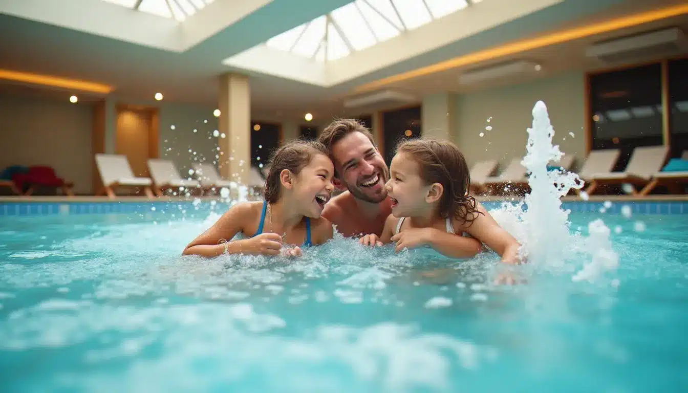 Famille avec jeunes enfants dans le bassin pataugeoire sécurisé d'un parc aquatique intérieur d'hôtel, eau claire et espace dédié aux moins de 6 ans