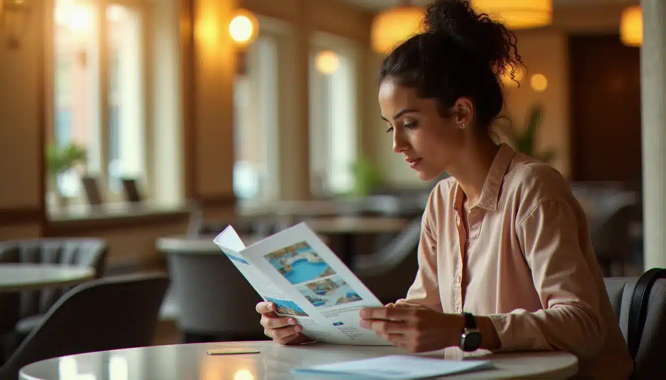 Mère de famille comparant les offres d'hôtels avec parc aquatique intérieur sur tablette et brochure avant de réserver son séjour familial