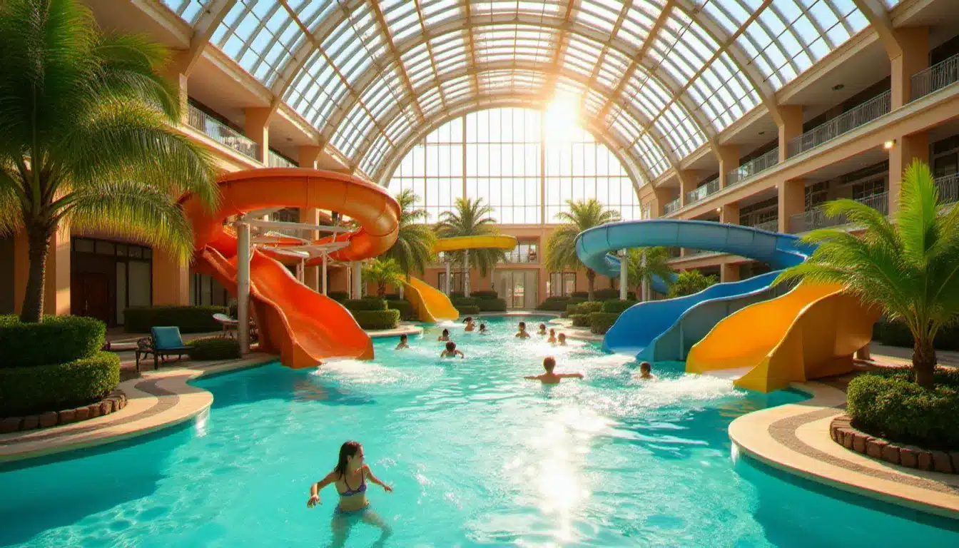 Vue intérieure d'un hôtel avec parc aquatique intérieur montrant toboggans colorés, bassin chauffé et familles sous une verrière lumineuse