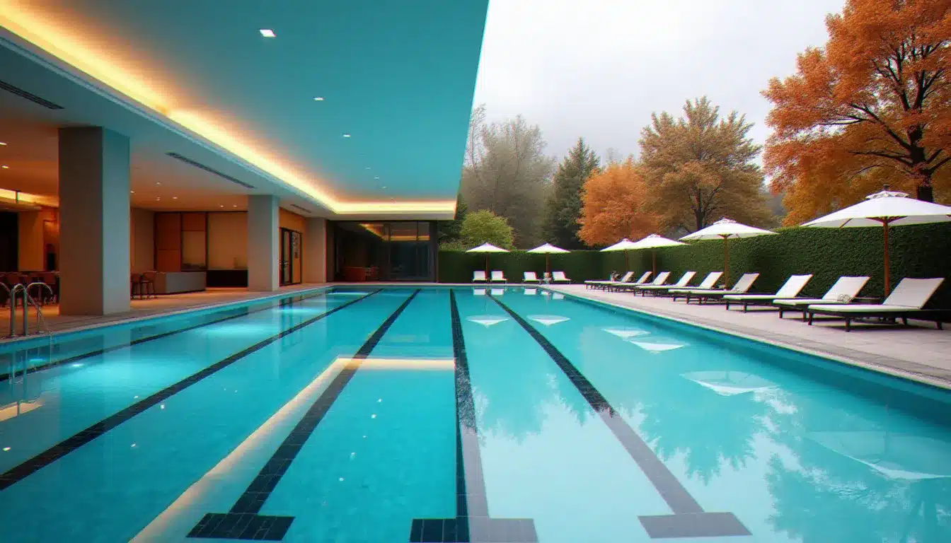 Comparaison côte à côte entre une piscine intérieure d'hôtel ouverte toute l'année et une piscine extérieure fermée en automne, illustrant l'avantage d'un hôtel avec piscine intérieure