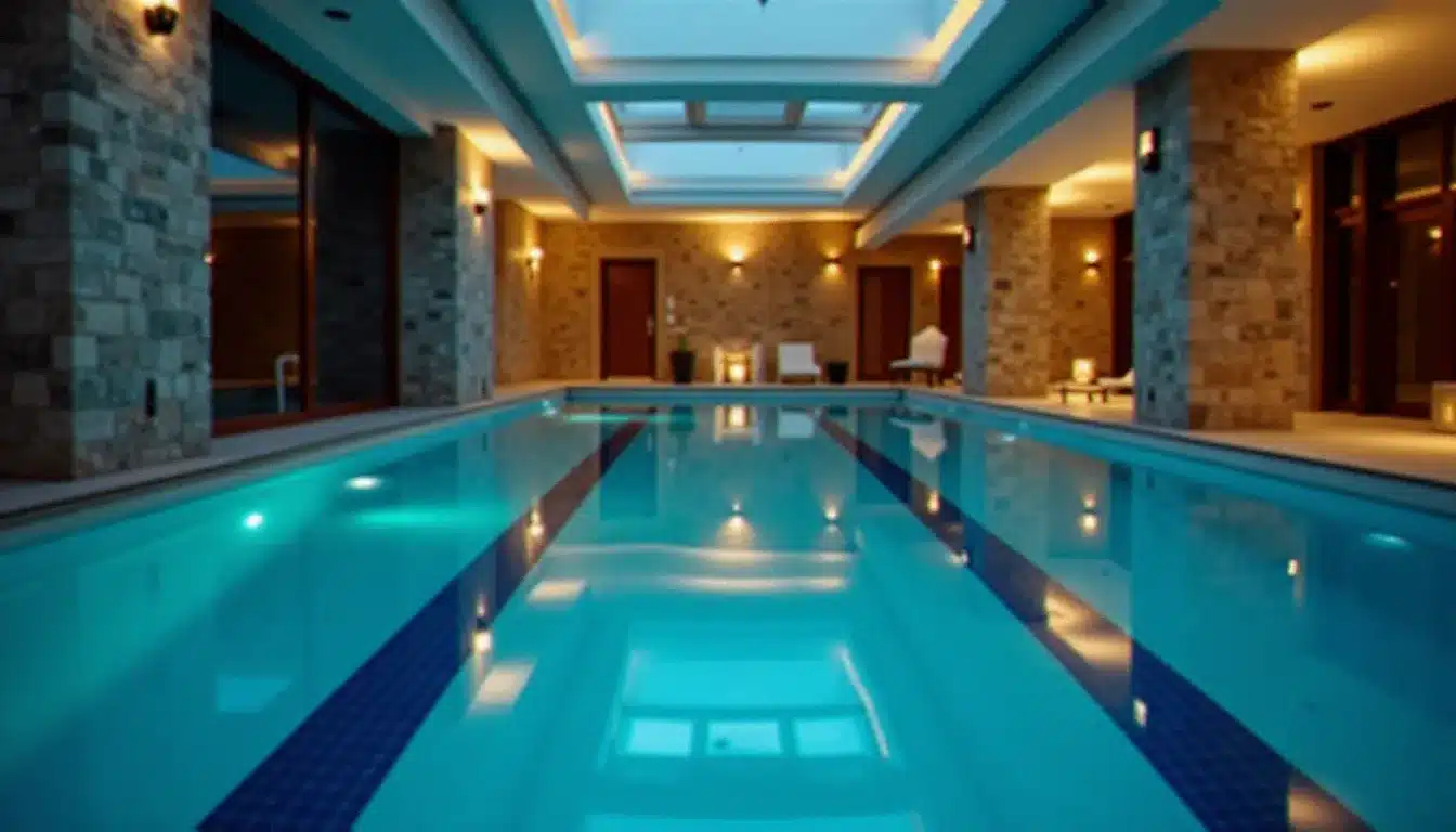 Deux niveaux de piscine intérieure d'hôtel dans un même cadre, illustrant la différence de standing et de budget entre un hôtel avec piscine intérieure économique et un établissement de luxe