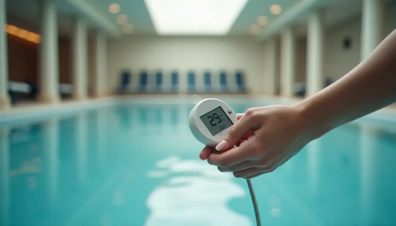 Vérification de la température de l'eau dans une piscine intérieure chauffée d'hôtel, thermomètre affichant 29 degrés Celsius