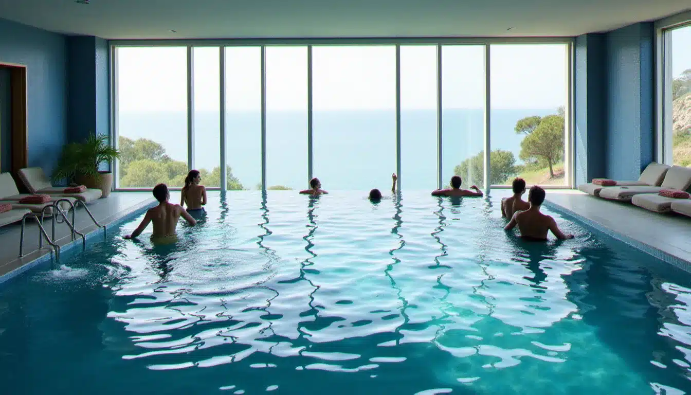 Grande piscine intérieure chauffée d'un hôtel thalasso sur le littoral breton, avec vue sur l'océan Atlantique et jets de balnéothérapie
