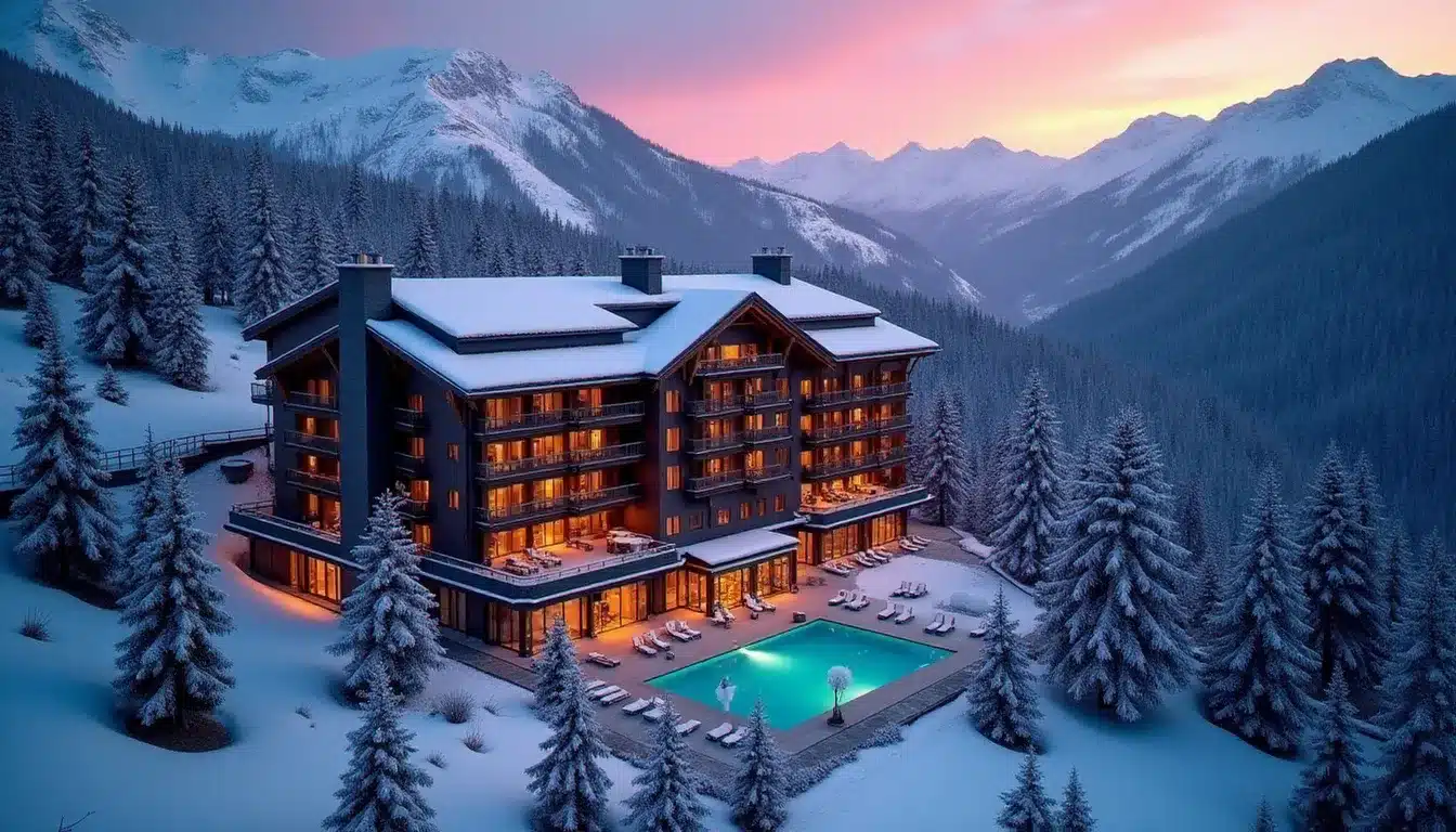 Vue aérienne d'un hôtel alpin en hiver avec piscine intérieure chauffée visible à travers les baies vitrées, entouré de forêts enneigées en Haute-Savoie