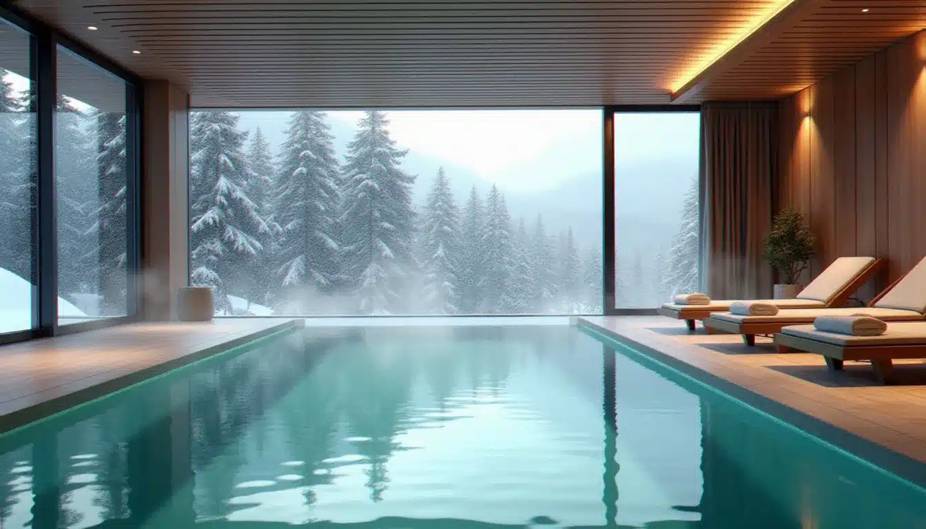 Piscine intérieure chauffée d'un hôtel avec piscine intérieure chauffée en montagne, vue sur forêt enneigée à travers de grandes baies vitrées