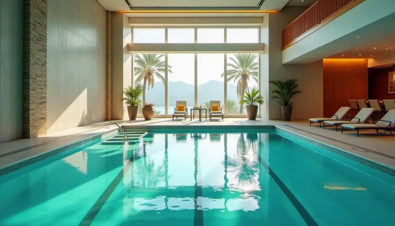 Piscine intérieure chauffée d'un hôtel 4 étoiles avec grandes baies vitrées et transats, illustrant un hôtel avec piscine intérieure chauffée en France