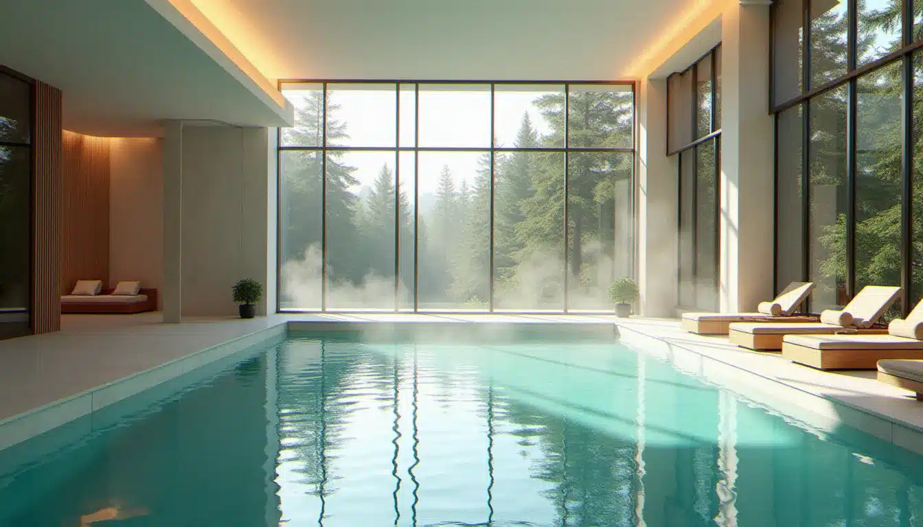 Piscine intérieure d'un hôtel avec piscine intérieure de luxe, eau turquoise et grande baie vitrée donnant sur une forêt de pins en hiver