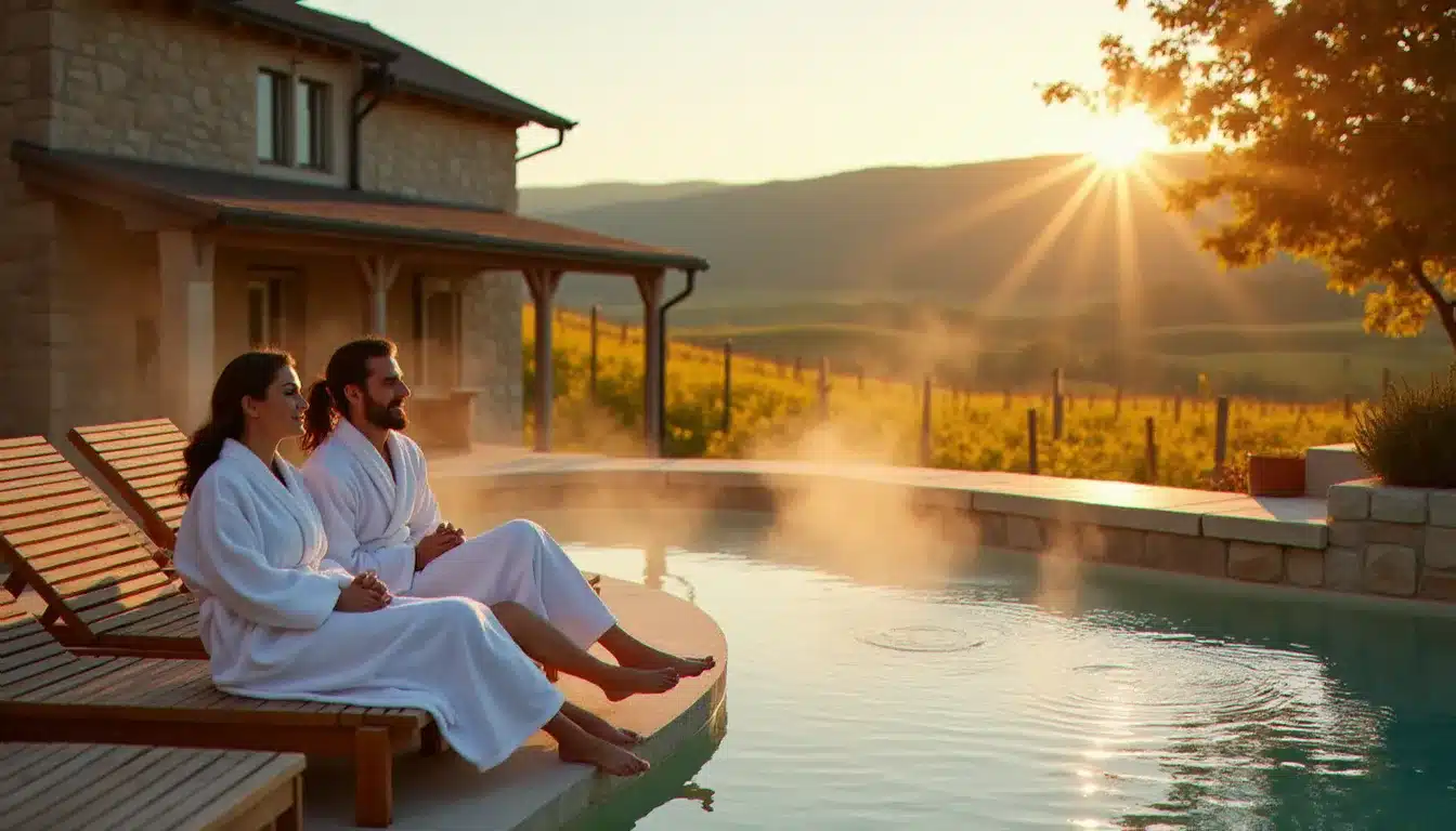 Couple en peignoir se relaxant près d'un jacuzzi extérieur privatif dans un hôtel de campagne française entouré de vignes en automne