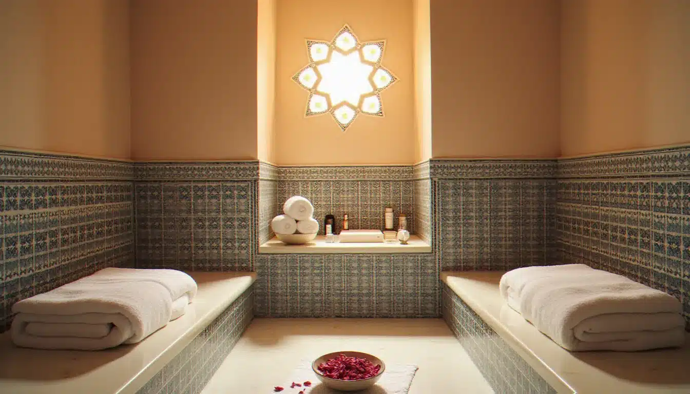Hammam privatif d'un hôtel boutique avec carrelage traditionnel bleu et blanc, lumière tamisée et accessoires de soin disposés sur un banc en marbre