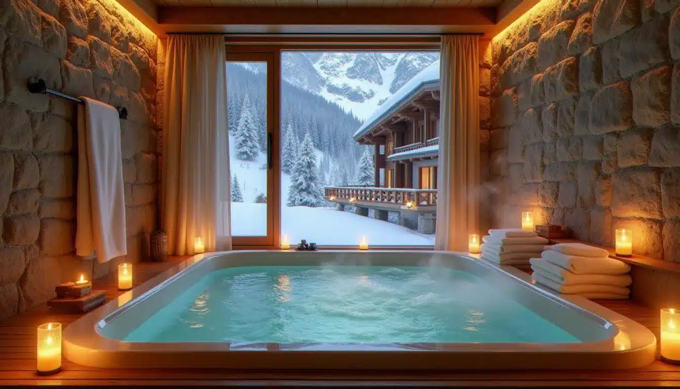Spa privatif d'un hôtel de montagne avec jacuzzi intérieur en pierre, bougies allumées et vue sur les Alpes enneigées