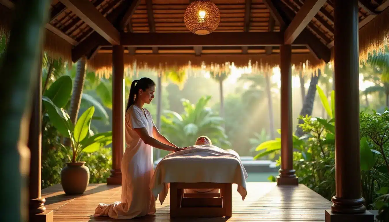 Soin de massage thaïlandais traditionnel dans le spa extérieur de l'hôtel Avista Grande Karon MGallery entouré de jardins tropicaux