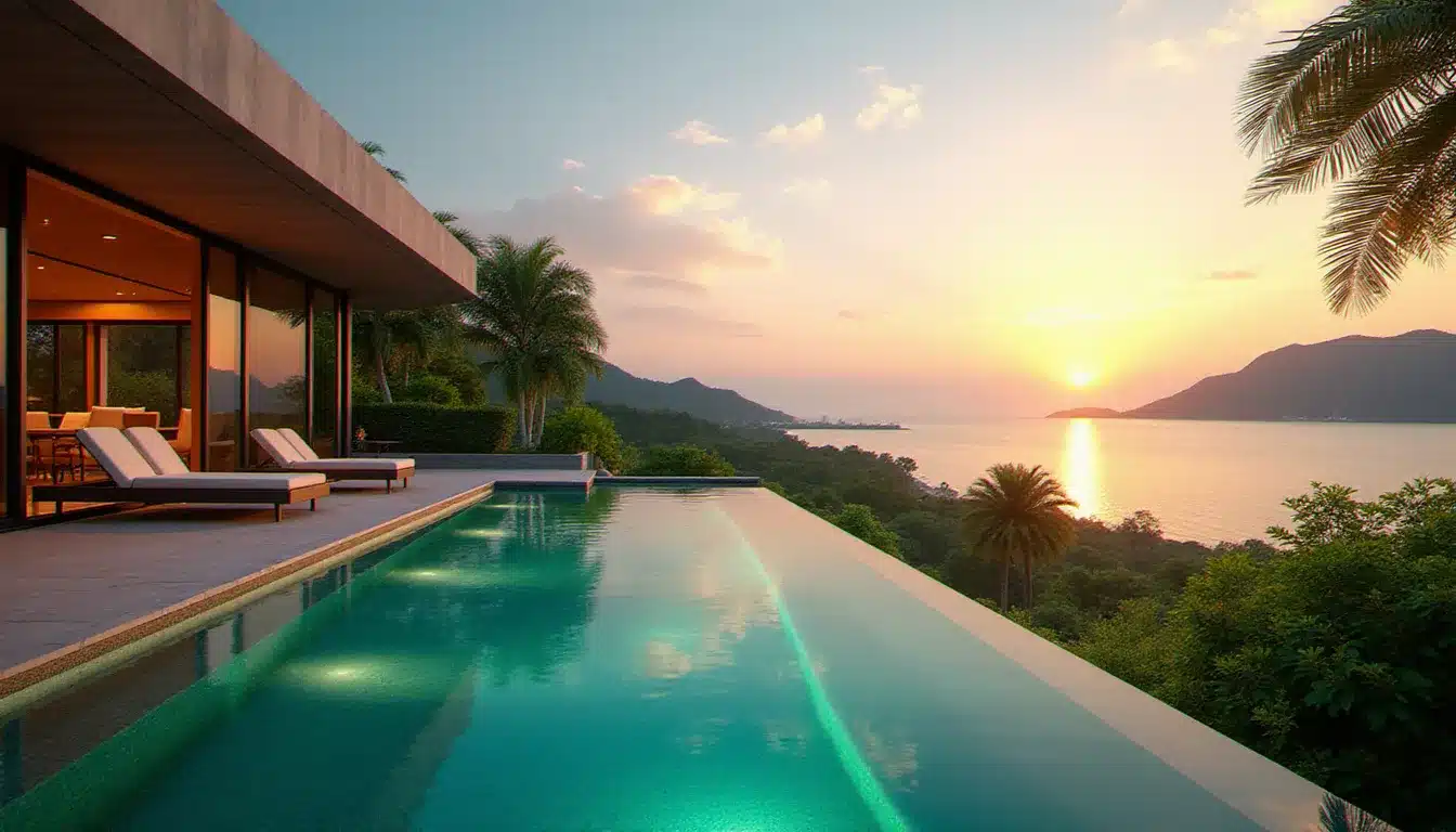 La piscine à débordement de l'hôtel Avista Grande Karon MGallery avec vue panoramique sur la baie de Karon et la mer d'Andaman au coucher du soleil