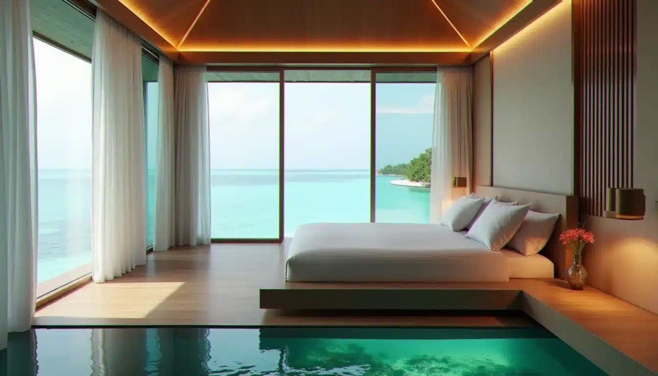 Intérieur d'une villa sur pilotis de l'hôtel Avista Hideaway MGallery avec vue panoramique sur le lagon et panneau de verre au sol révélant le récif corallien
