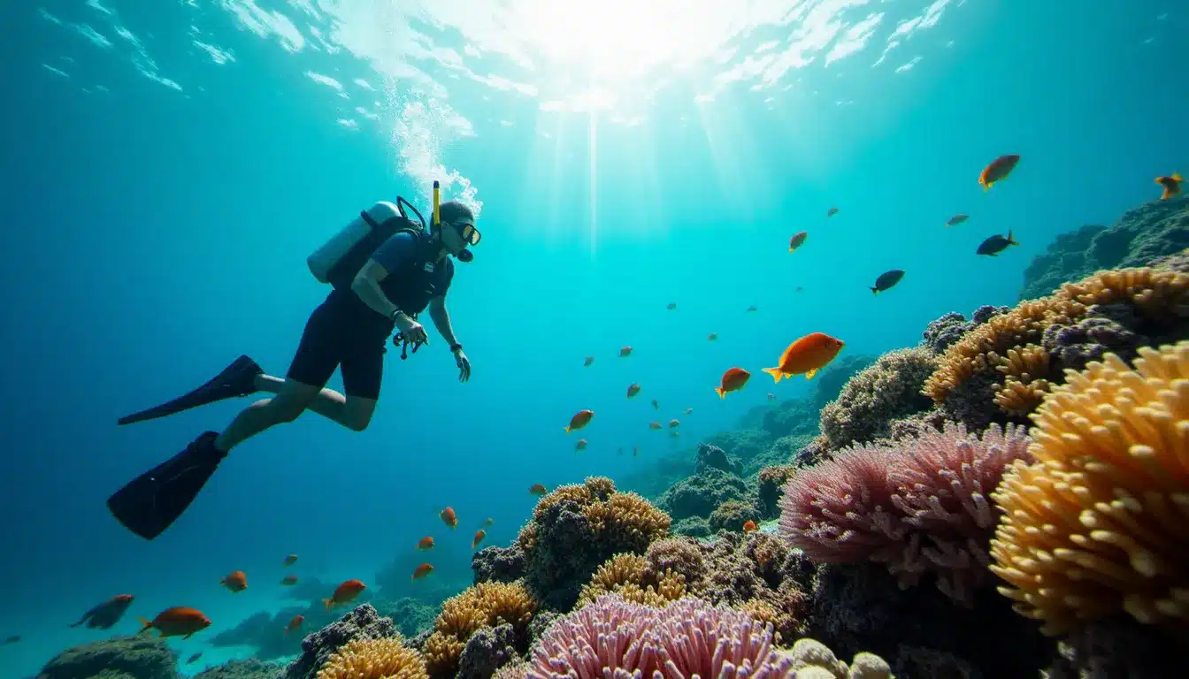 Plongée en apnée sur le récif corallien de l'hôtel Avista Hideaway MGallery aux Maldives avec poissons tropicaux colorés et coraux reconstitués