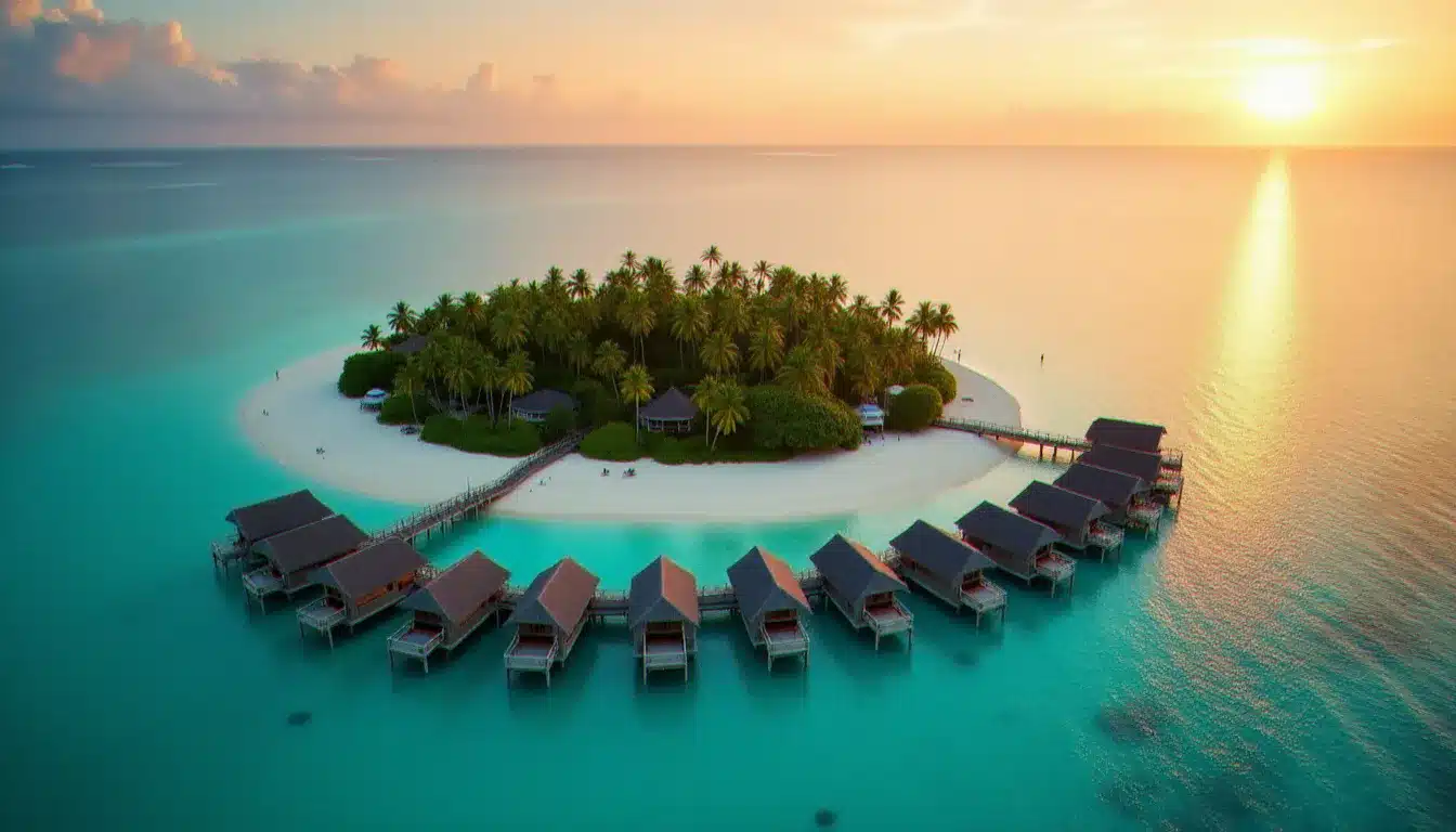 Vue aérienne de l'hôtel Avista Hideaway MGallery avec ses villas sur pilotis entourées d'un lagon turquoise aux Maldives au coucher du soleil