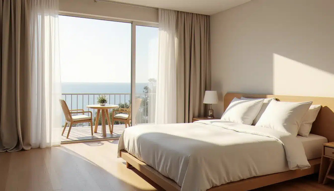 Chambre Deluxe avec vue mer partielle à l'hôtel Barrière L'Hermitage La Baule, parquet clair et literie haut de gamme