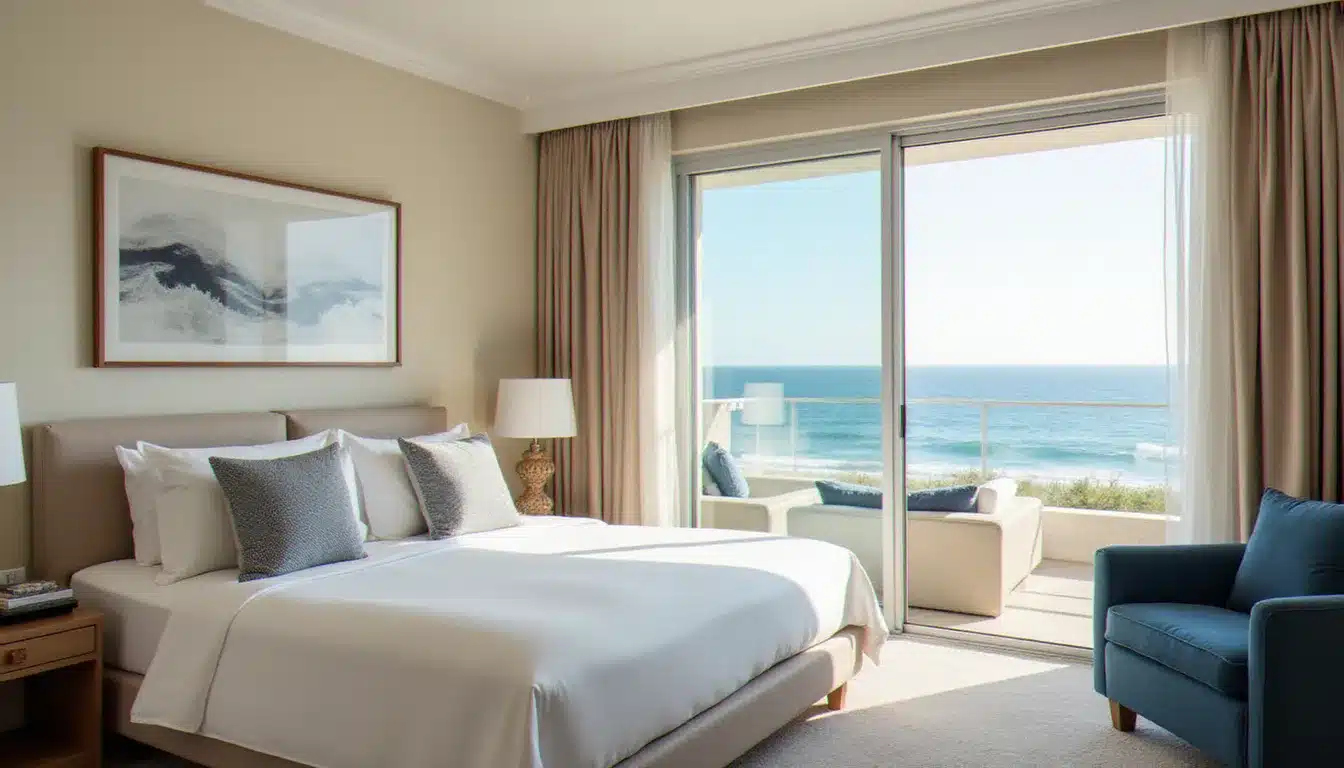 Chambre Deluxe vue mer de l'hôtel Barrière L'Hermitage La Baule avec décoration nautique épurée et baie vitrée sur l'Atlantique
