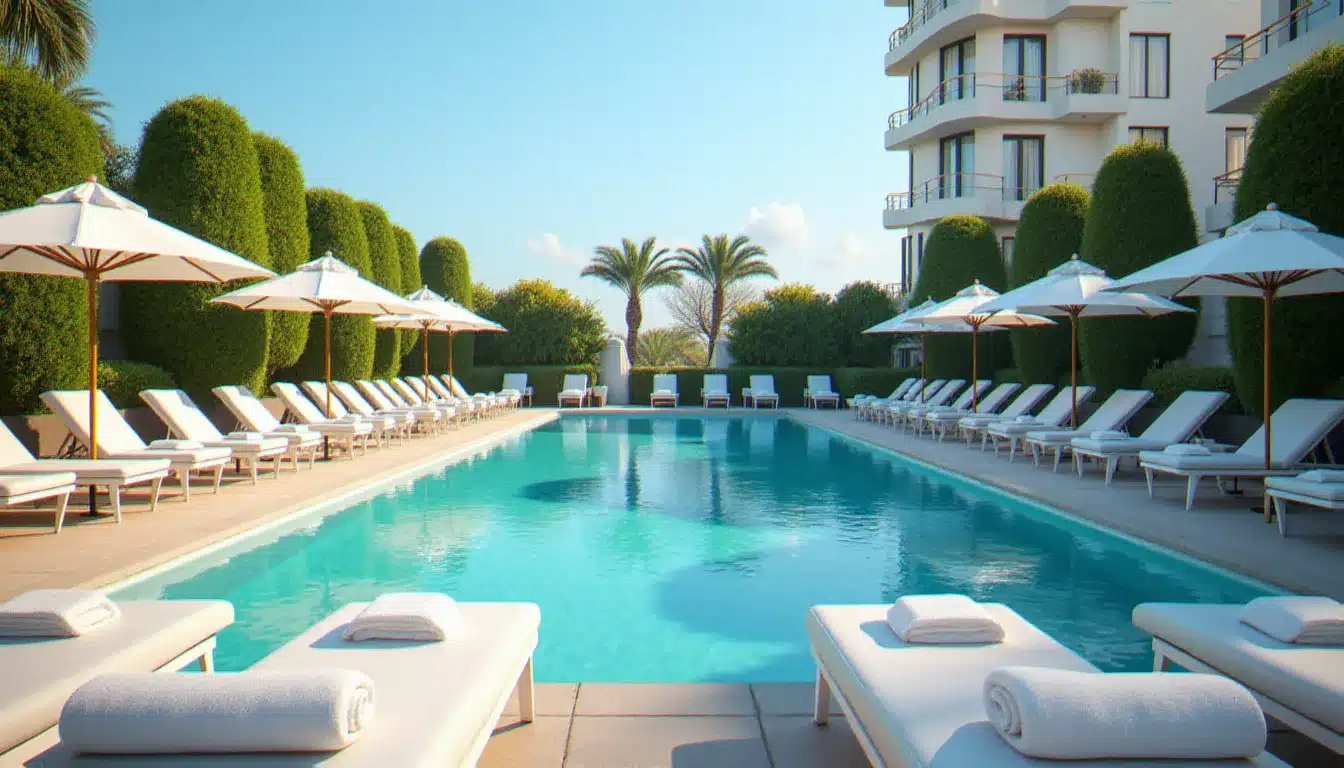 Piscine extérieure chauffée de l'hôtel Barrière L'Hermitage La Baule entourée de jardins avec transats et vue sur l'établissement