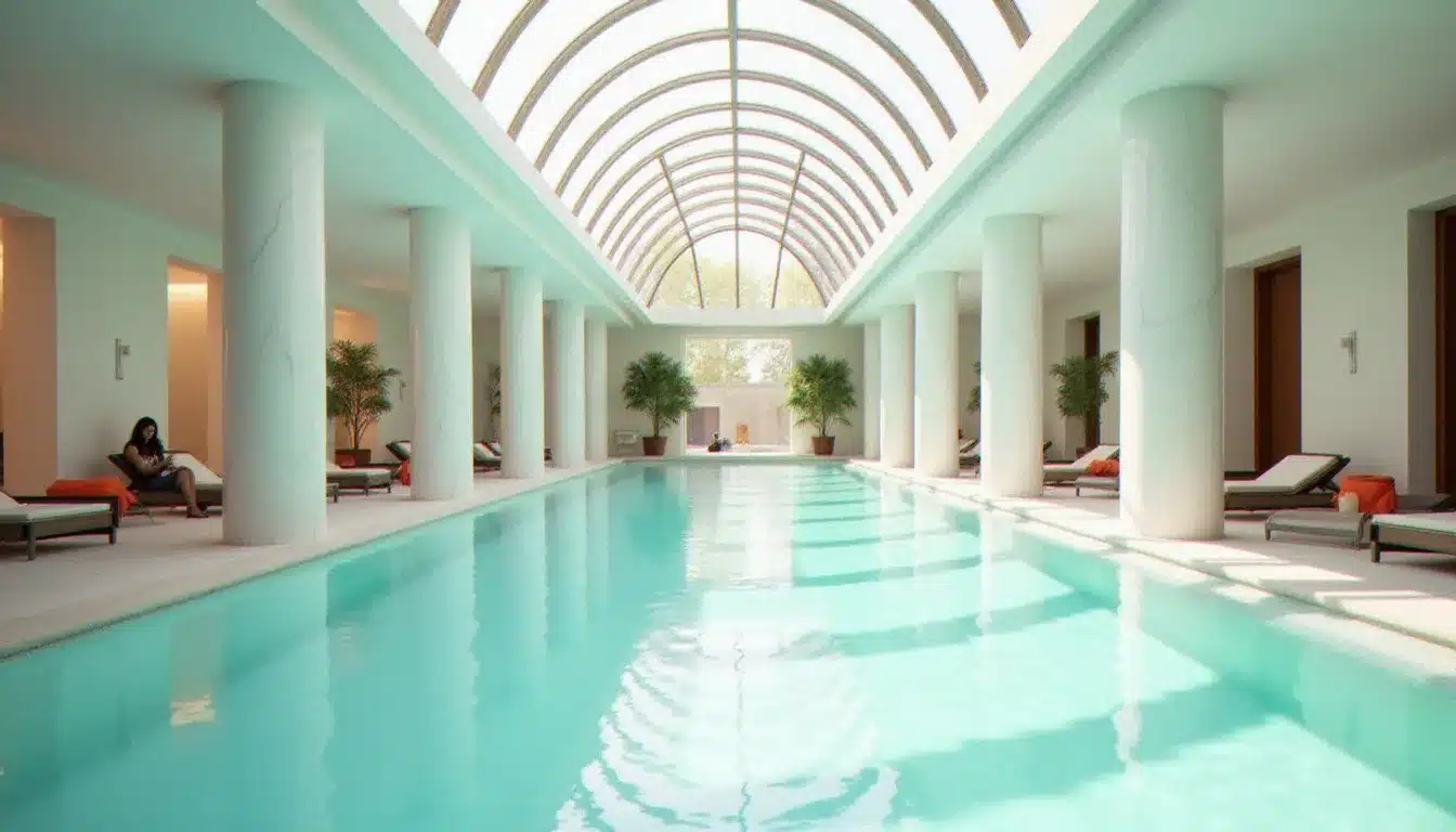 Piscine intérieure chauffée du spa Diane by Clarins de l'hôtel Barrière L'Hermitage La Baule avec colonnes en marbre et verrière