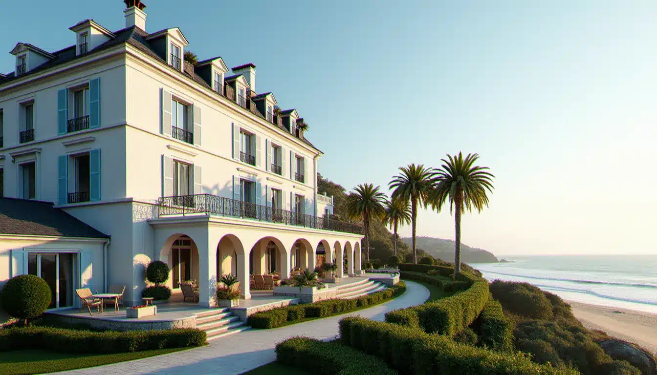 Façade blanche classique de l'hôtel Barrière L'Hermitage La Baule avec jardins soignés et vue sur la plage de la Côte d'Amour