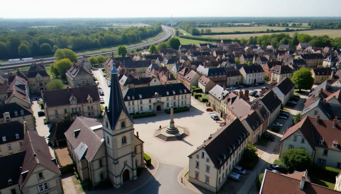 Vue aérienne de Commentry dans l'Allier, ville de taille moyenne avec son centre historique et son environnement bocager typique du Bourbonnais, cadre géographique de l'hôtel Le Lyon Vert