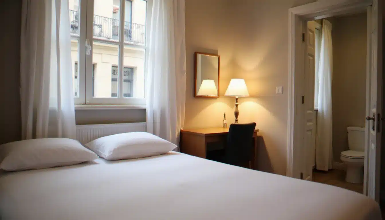 Chambre fonctionnelle d'un hôtel de centre-ville français pour voyageur d'affaires, literie soignée et bureau de travail éclairé, style typique des établissements indépendants comme le Lyon Vert à Commentry