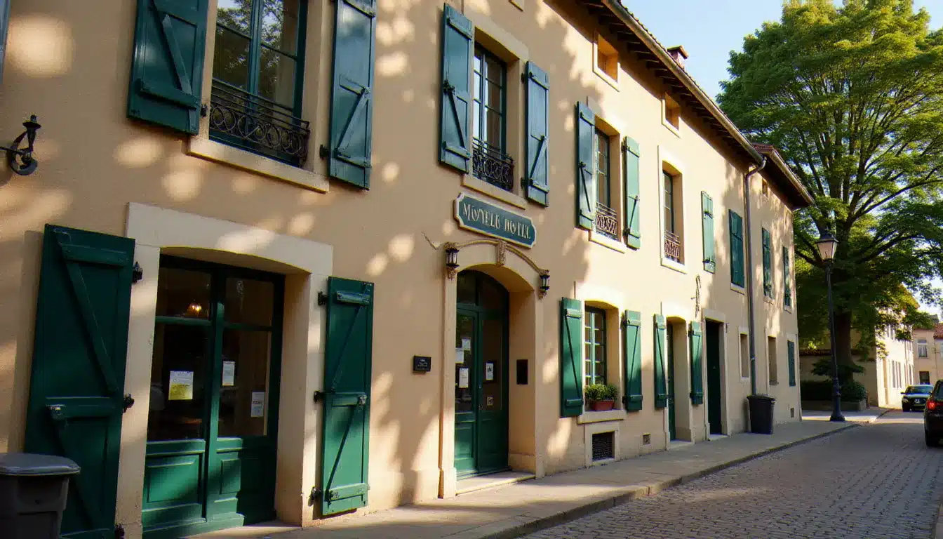Façade de l'hôtel Le Lyon Vert à Commentry, bâtiment en pierre traditionnelle avec volets verts, éclairage de fin de journée, centre-ville calme de Commentry dans l'Allier