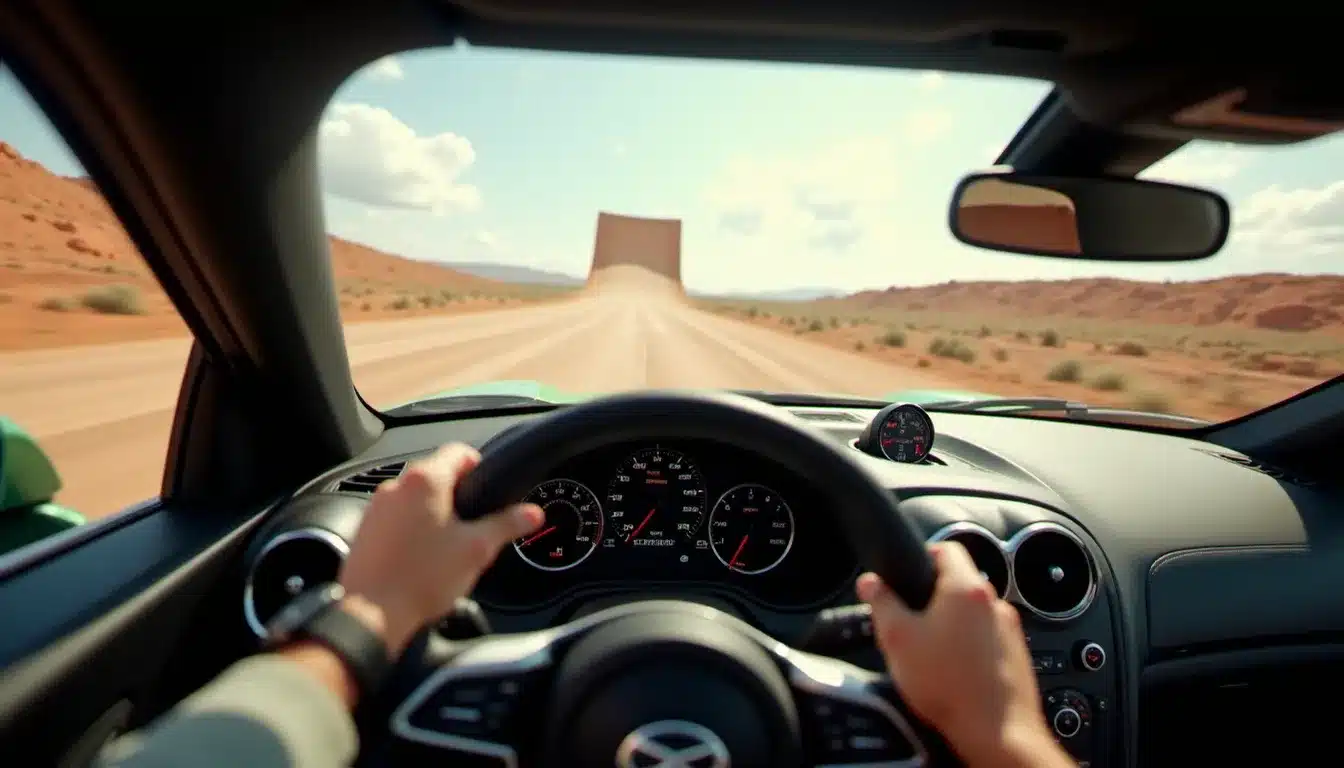 Intérieur d'une voiture de sport à grande vitesse en approche d'une rampe de saut, tableau de bord visible et route mexicaine défiler derrière le pare-brise